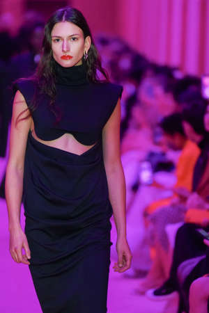 MILAN, ITALY - FEBRUARY 25: A model walks the runway at the Sportmax fashion show during the Milan Fashion Week Fall/Winter 2022/2023 on February 25, 2022 in Milan, Italy.のeditorial素材