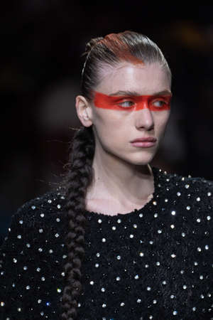 MILAN, ITALY - FEBRUARY 26: A model walks the runway at the Tokyo James fashion show during the...