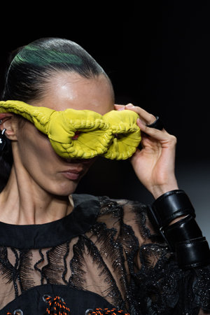 MILAN, ITALY - FEBRUARY 26: A model walks the runway at the Tokyo James fashion show during the Milan Fashion Week Fall/Winter 2022/2023 on February 26, 2022 in Milan, Italy.のeditorial素材