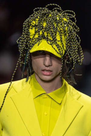 MILAN, ITALY - FEBRUARY 26: A model walks the runway at the Tokyo James fashion show during the...
