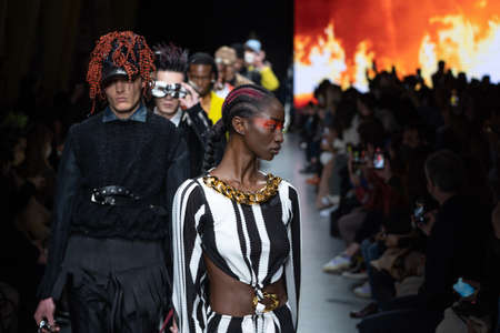 MILAN, ITALY - FEBRUARY 26: Models walk the runway finale at the Tokyo James fashion show during the...