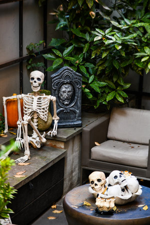 Creative Halloween decorations with skeleton and sculls.の写真素材