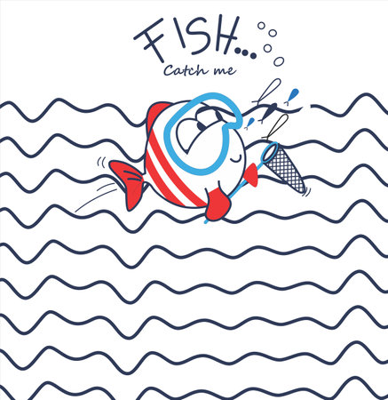 Cute fish on the waves. Vector illustration for your design.のイラスト素材