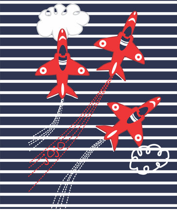 Red rockets with clouds on a blue stripe background. Vector illustrationのイラスト素材