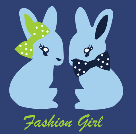 Cute cartoon rabbits with bow tie on blue background. Vector illustration.のイラスト素材