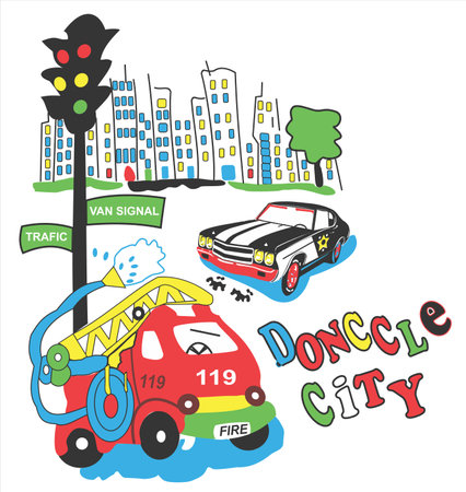 Vector illustration of a city with traffic lights, cars and road signsのイラスト素材