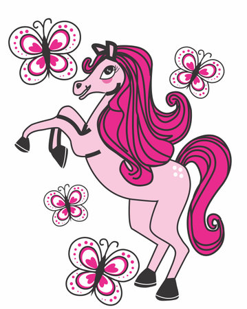 Cute cartoon pink unicorn with flowers and butterflies. Vector illustration.のイラスト素材