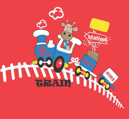 Cute cartoon giraffe and train. Vector illustration in flat styleのイラスト素材