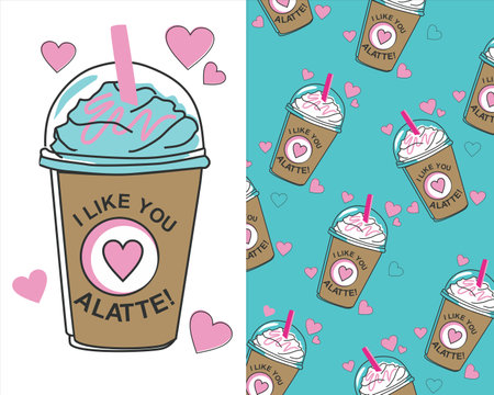 Iced coffee in a paper cup with pink and blue hearts on a blue backgroundのイラスト素材