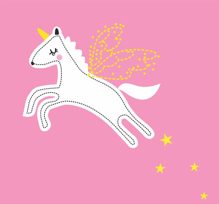 Cute hand drawn unicorn with wings and stars. Vector illustration.のイラスト素材