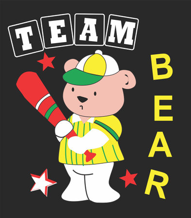 Cute bear baseball player with baseball bat. Vector illustration on black background.のイラスト素材