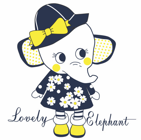 Cute little elephant with flowers in her hair. Vector illustration.のイラスト素材