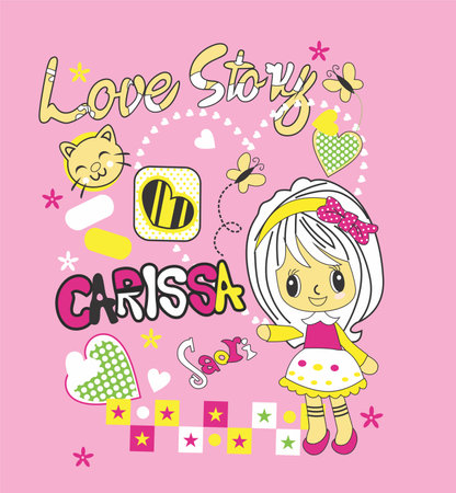 Cute girl with cat and love lettering. Vector illustration.のイラスト素材