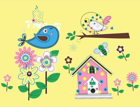 cute birds, flowers and birdhouse in vector format very easy to editのイラスト素材