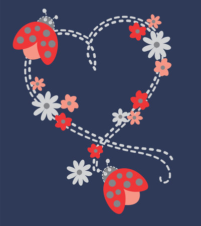cute vector illustration of ladybug and flower in heart shape on blue backgroundのイラスト素材