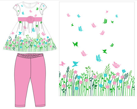 Vector illustration of a cute girl in summer clothes with flowers and butterfliesのイラスト素材