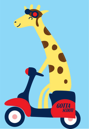 giraffe riding a scooter, vector illustration in flat styleのイラスト素材
