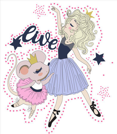 Cute vector illustration of a ballerina and mouse with the inscription loveのイラスト素材