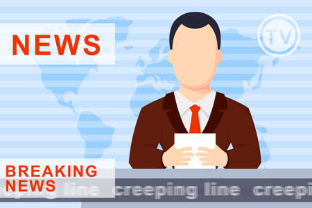 Anchorman on tv broadcast news. Anchorman on a globe background. Anchorman flat vector illustration. Anchorman with the release of breaking news.のイラスト素材