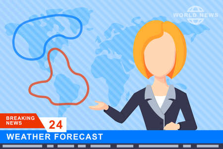 Anchorman on tv broadcast news. Anchorman on a globe background. Anchorman flat vector illustration. Anchorman with the weather report.のイラスト素材