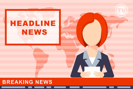 Anchorman on tv broadcast news. Anchorman on a globe background. Anchorman flat vector illustration. Anchorman with the release of breaking news.のイラスト素材