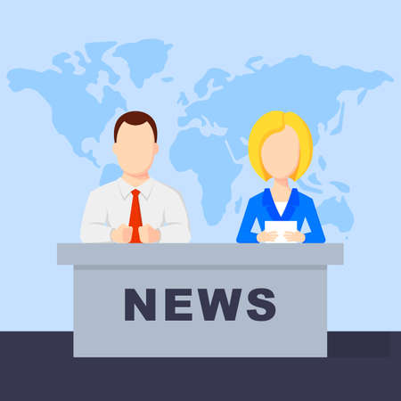 Anchorman on tv broadcast news. Anchorman on a globe background. Anchorman flat vector illustration. Anchorman with the release of breaking news.のイラスト素材