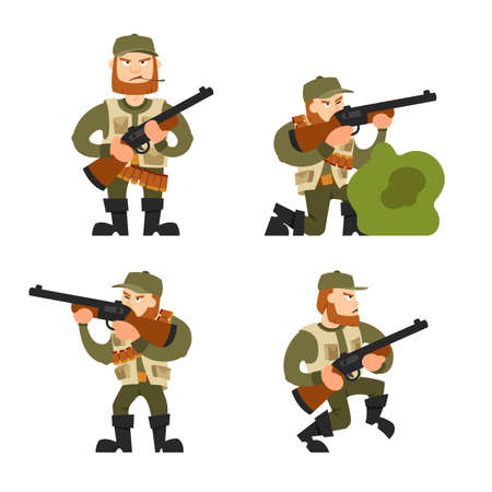 Hunters vector illustration. Hunters isolated on white background. Hunters vector icon illustration. Hunters isolated vector. Hunters silhouette. Hunters in cartoon style. Hunters with different gear.のイラスト素材