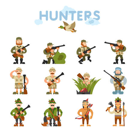 Hunters vector illustration. Hunters isolated on white background. Hunters vector icon illustration. Hunters isolated vector. Hunters silhouette. Hunters in cartoon style. Hunters with different gear.のイラスト素材