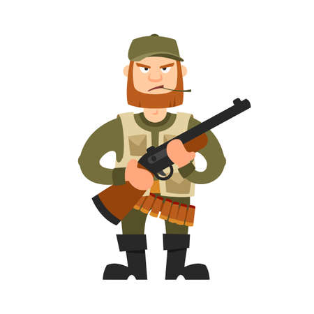 Hunter vector illustration. Hunter isolated on white background. Hunter vector icon illustration. Hunter isolated vector. Hunter silhouette. Hunter in cartoon style. Hunter with a gun and ammunition.のイラスト素材