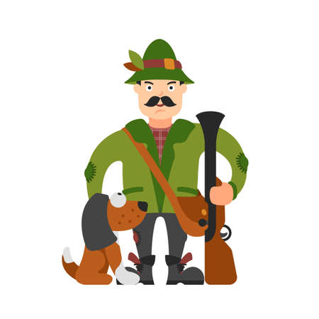 Hunter vector illustration. Hunter isolated on white background. Hunter vector icon illustration. Hunter isolated vector. Hunter in cartoon style. Hunter with a gun, a dog and ammunition.のイラスト素材