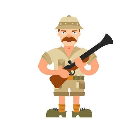 Hunter vector illustration. Hunter isolated on white background. Hunter vector icon illustration. Hunter isolated vector. Hunter silhouette. Hunter in cartoon style. Hunter with a gun and ammunition.のイラスト素材