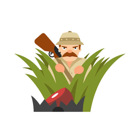 Hunter vector illustration. Hunter isolated on white background. Hunter vector icon illustration. Hunter isolated vector. Hunter silhouette. Hunter in cartoon style. Hunter in ambush.のイラスト素材