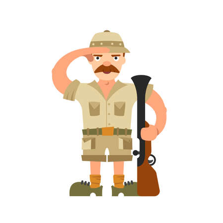 Hunter vector illustration. Hunter isolated on white background. Hunter vector icon illustration. Hunter isolated vector. Hunter silhouette. Hunter in cartoon style. Hunter with a gun and ammunition.のイラスト素材