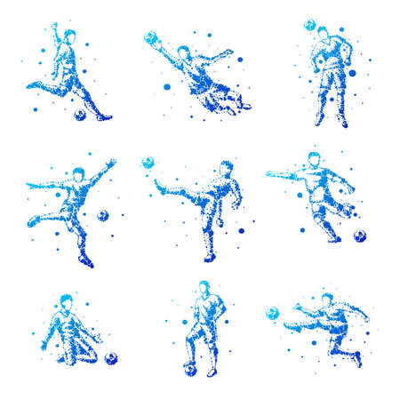 Set of abstract football players on isolated background. Goalkeeper, kick, jump. Stylized silhouettes for design. Blue circles of different sizes. Football players in motion, different options.のイラスト素材