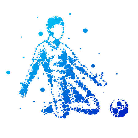 Illustration of abstract football player on isolated background. Goalkeeper, kick, jump. Stylized silhouettes for design. Blue circles of different sizes. Football player in motion, different options.のイラスト素材