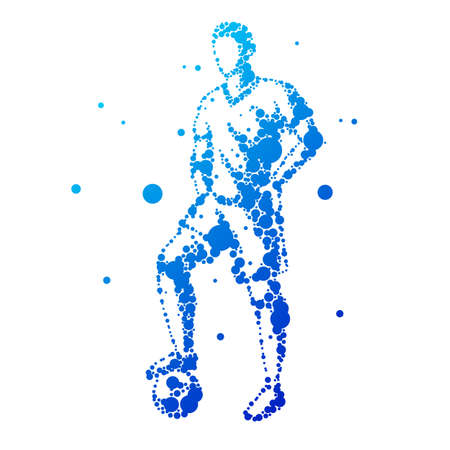 Illustration of abstract football player on isolated background. Goalkeeper, kick, jump. Stylized silhouettes for design. Blue circles of different sizes. Football player in motion, different options.のイラスト素材