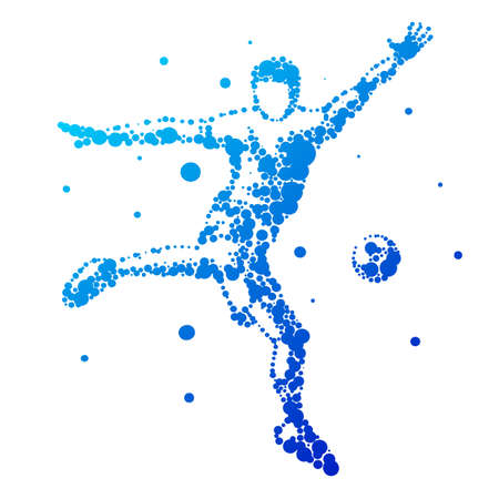 Illustration of abstract football player on isolated background. Goalkeeper, kick, jump. Stylized silhouettes for design. Blue circles of different sizes. Football player in motion, different options.のイラスト素材