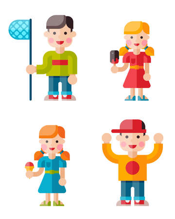 Set of happy children. Funny kids with ice cream and a butterfly net. Boys and girls in flat style on isolated backgroundのイラスト素材