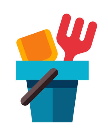 Bucket, rake and shovel for childrens sandbox icon in flat style on isolated background. Bucket, rake and shovel illustrationのイラスト素材