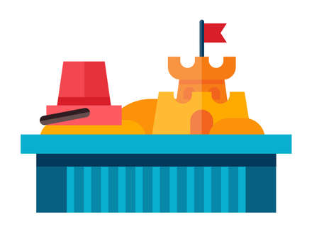 Illustration of a sandbox with bucket and shovel in flat style. Sandbox isolated on white background.のイラスト素材