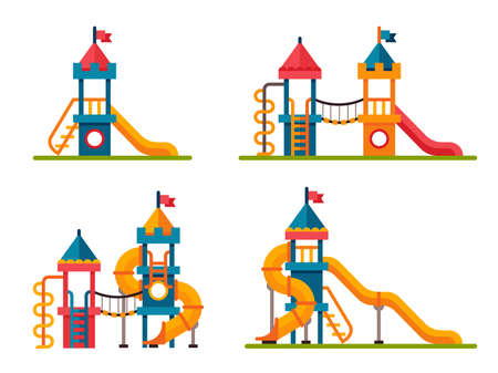 Set of different children slide with ladder in flat style. Children slide isolated on white backgroundのイラスト素材