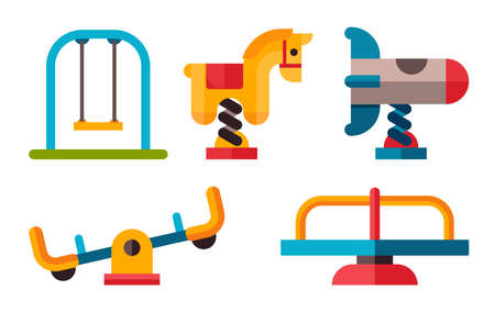 Playground equipment in flat style. Swing on an isolated white background. Set of different swing and other Playground equipment.のイラスト素材
