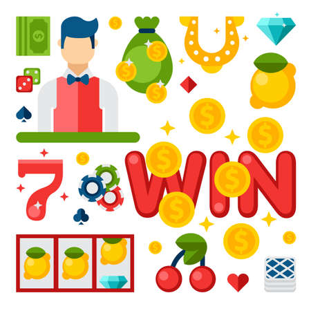 Illustration of Casino elements in flat style on white background. Gambling, casino, money, roulette, poker. Set of design Elements of casino and gambling. Casino elements isolated on white backgroundのイラスト素材