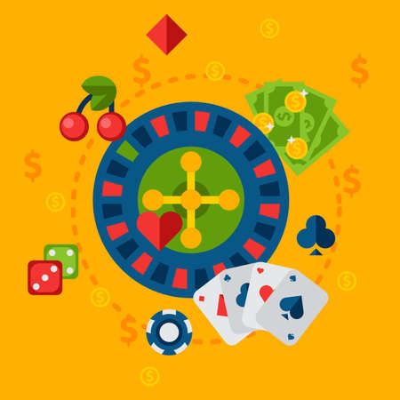 Illustration of Casino elements in flat style on white background. Gambling, casino, money, roulette, poker. Casino design concept set.のイラスト素材