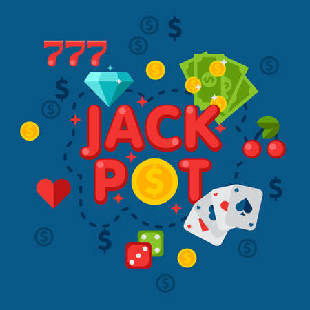 Illustration of Casino elements in flat style on white background. Gambling, casino, money, roulette, poker. Casino design concept set.のイラスト素材