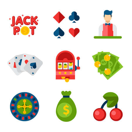 Illustration of flat icons on white background. Gambling, casino, money, roulette, poker. Set of design Elements of casino and gambling.のイラスト素材