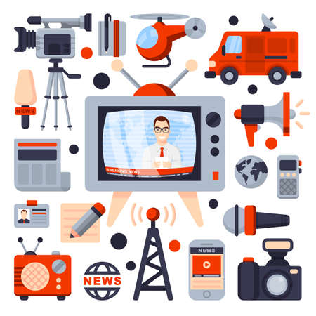 Illustrations of Flat icon set and modern information technology and news release. Journalist, camera, photo, interview, microphone, radio, live broadcastのイラスト素材