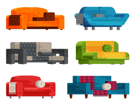 Illustration of sofa set in flat style. Furniture, bedspread, cushion. Sofas of different types isolated on a white background. Elements of interior designのイラスト素材