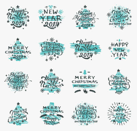 Set of Merry Christmas badges and Happy New Year stamp, sticker set with lettering typography. New year emblem in retro grunge style. Decorative Badges for Greetings Cards or Invitations isolatedのイラスト素材