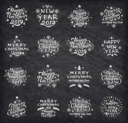 Set of Merry Christmas badges and Happy New Year stamp, sticker set with lettering typography. New year emblem in retro grunge style. Decorative Badges for Greetings Cards or Invitations isolatedのイラスト素材